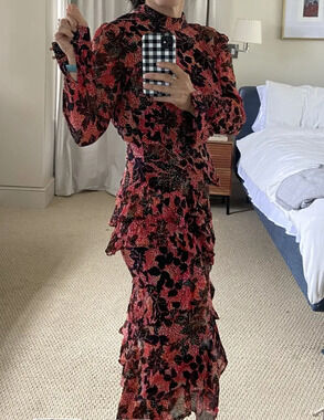Saloni Floral Chiffon Midi Dress SIZE 4 Silk Ruffle Mockneck Work Designer $700